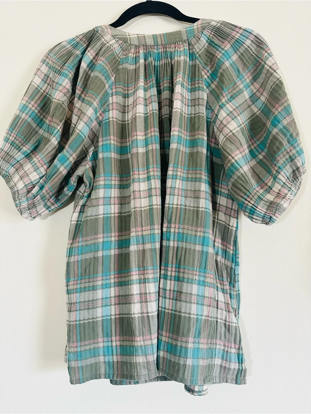 Loft plaid puff sleeve gauze tie front blouse size M
